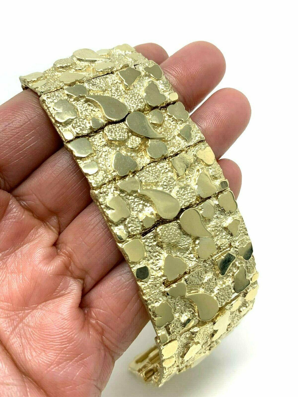 Men's 10k Yellow Gold Solid Nugget Bracelet Link 7-7.5" 31mm 81 grams - Jewelry Store by Erik Rayo