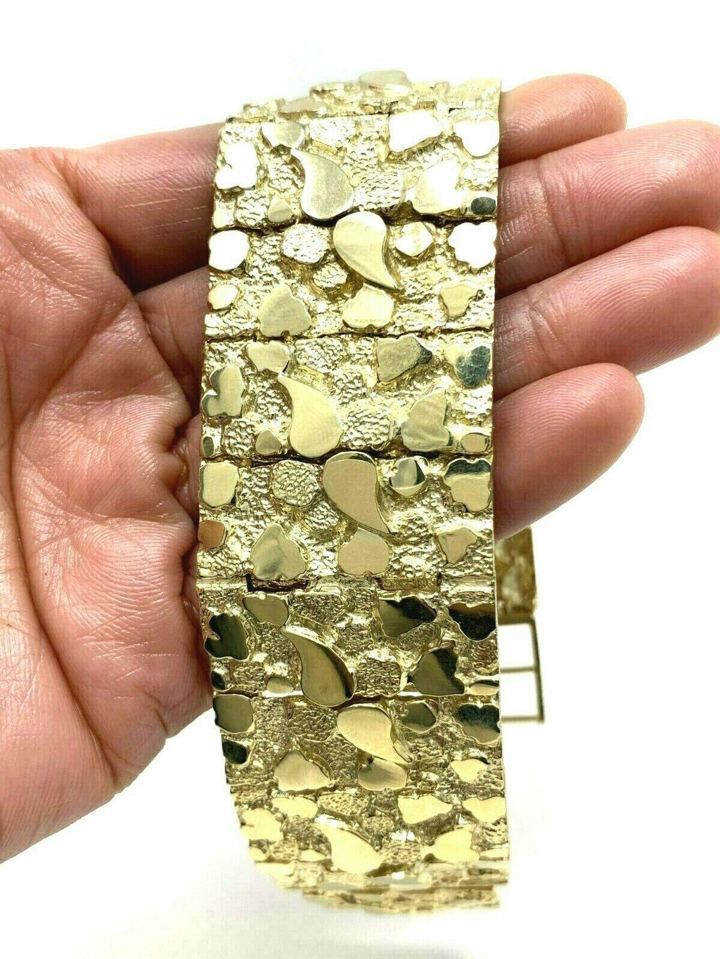 Men's 10k Yellow Gold Solid Nugget Bracelet Link 7-7.5" 31mm 81 grams - Jewelry Store by Erik Rayo