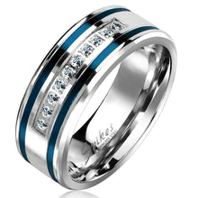 Load image into Gallery viewer, Men&#39;s Band Ring Blue Stripes Size 9-13 Stainless Steel Grooved Double 0.10 Carat CZ - Jewelry Store by Erik Rayo
