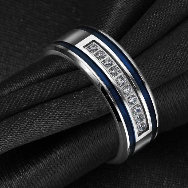 Men's Band Ring Blue Stripes Size 9-13 Stainless Steel Grooved Double 0.10 Carat CZ - Jewelry Store by Erik Rayo