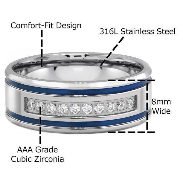 Men's Band Ring Blue Stripes Size 9-13 Stainless Steel Grooved Double 0.10 Carat CZ - Jewelry Store by Erik Rayo