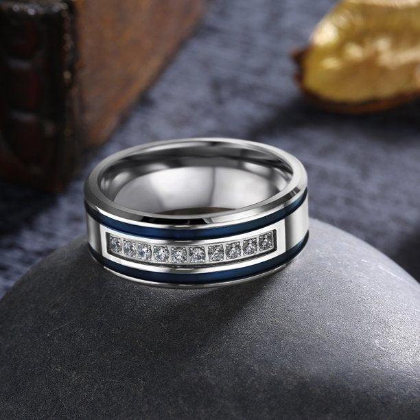 Men's Band Ring Blue Stripes Size 9-13 Stainless Steel Grooved Double 0.10 Carat CZ - Jewelry Store by Erik Rayo