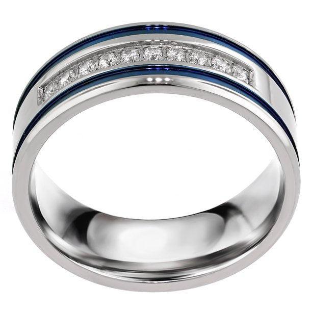 Men's Band Ring Blue Stripes Size 9-13 Stainless Steel Grooved Double 0.10 Carat CZ - Jewelry Store by Erik Rayo