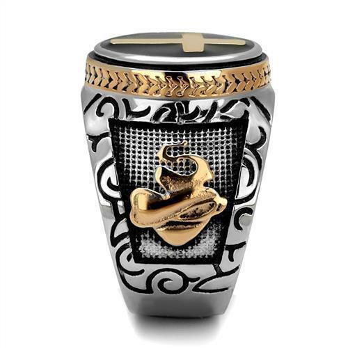 Men's Ring Cross Black Silver & Gold Stainless Steel Christian - Jewelry Store by Erik Rayo