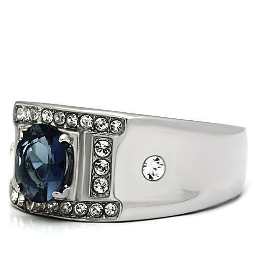 Men's Ring Sapphire Stainless Steel Oval Dark Blue Montana CZ Clear Accents Ring - Jewelry Store by Erik Rayo
