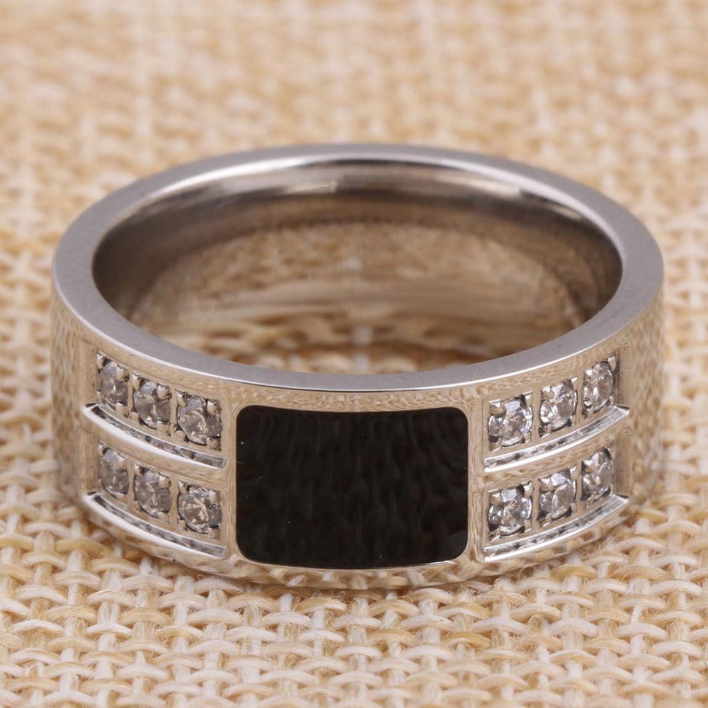 Men's Ring Squared Onyx Diamonds Stainless Steel Enamel and Cubic Zirconia Comfort Fit Wedding Band - Jewelry Store by Erik Rayo