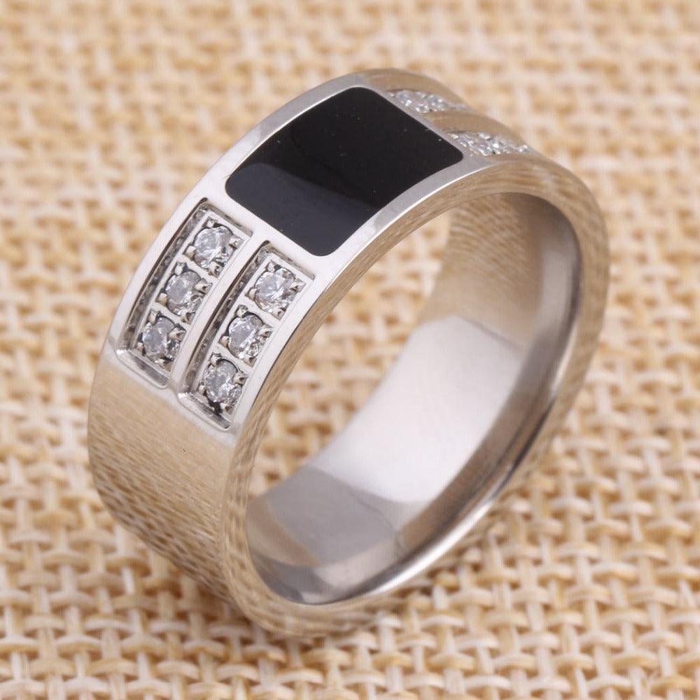 Men's Ring Squared Onyx Diamonds Stainless Steel Enamel and Cubic Zirconia Comfort Fit Wedding Band - Jewelry Store by Erik Rayo