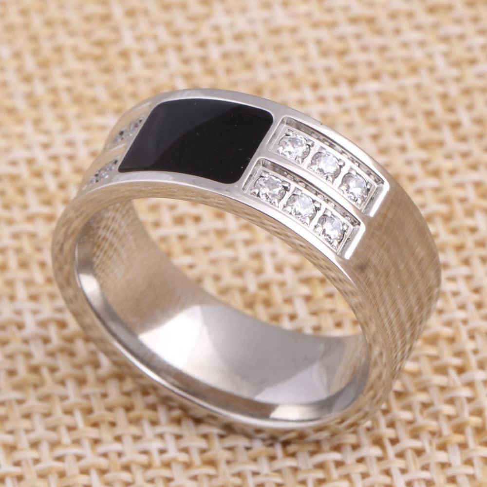 Men's Ring Squared Onyx Diamonds Stainless Steel Enamel and Cubic Zirconia Comfort Fit Wedding Band - Jewelry Store by Erik Rayo