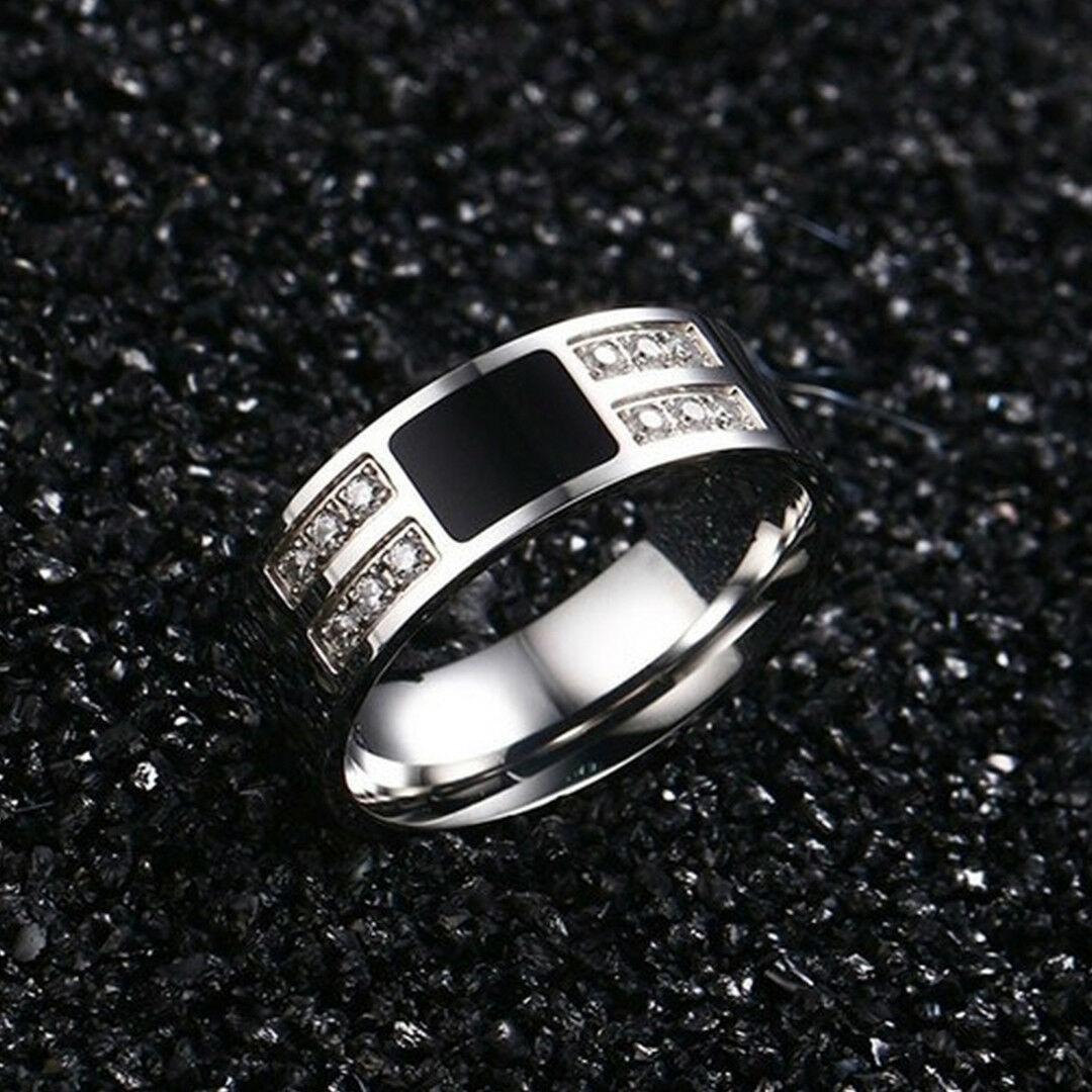 Men's Ring Squared Onyx Diamonds Stainless Steel Enamel and Cubic Zirconia Comfort Fit Wedding Band - Jewelry Store by Erik Rayo