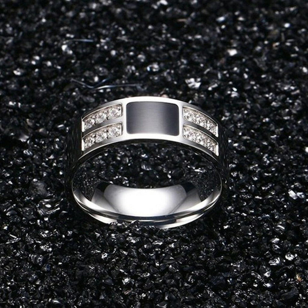 Men's Ring Squared Onyx Diamonds Stainless Steel Enamel and Cubic Zirconia Comfort Fit Wedding Band - Jewelry Store by Erik Rayo