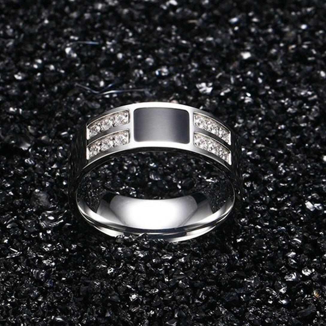Men's Ring Squared Onyx Diamonds Stainless Steel Enamel and Cubic Zirconia Comfort Fit Wedding Band - Jewelry Store by Erik Rayo