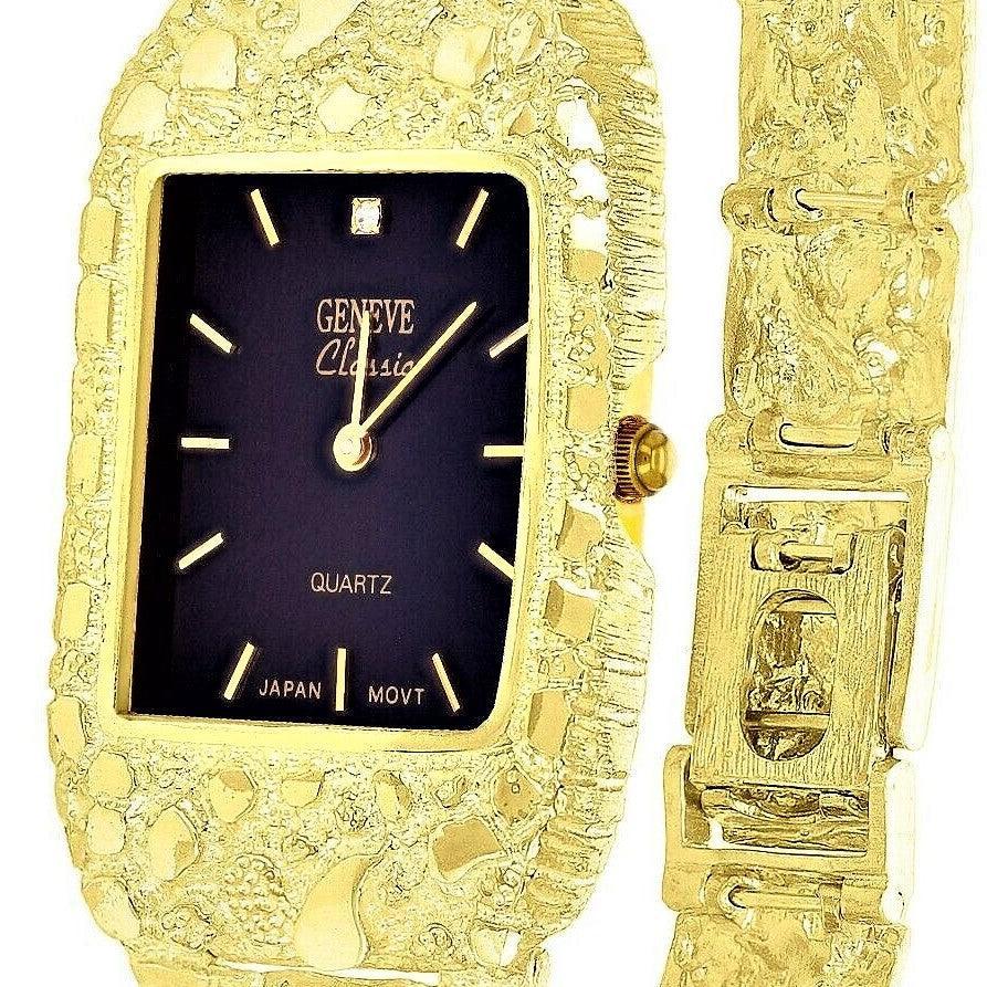 Men's Watch 10k Yellow Gold Nugget Bracelet Link Wrist Geneve with Diamond 7.5-8 49g - Jewelry Store by Erik Rayo