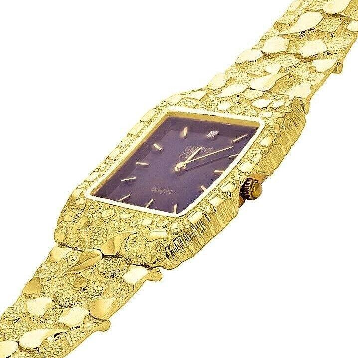 Men's Watch 10k Yellow Gold Nugget Bracelet Link Wrist Geneve with Diamond 7.5-8 49g - Jewelry Store by Erik Rayo