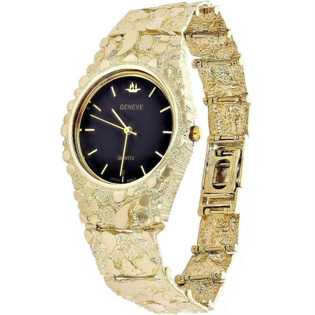Men's Watch 10k Yellow Gold Nugget Link Band Geneve Wrist 7-7.5 47 grams - Jewelry Store by Erik Rayo