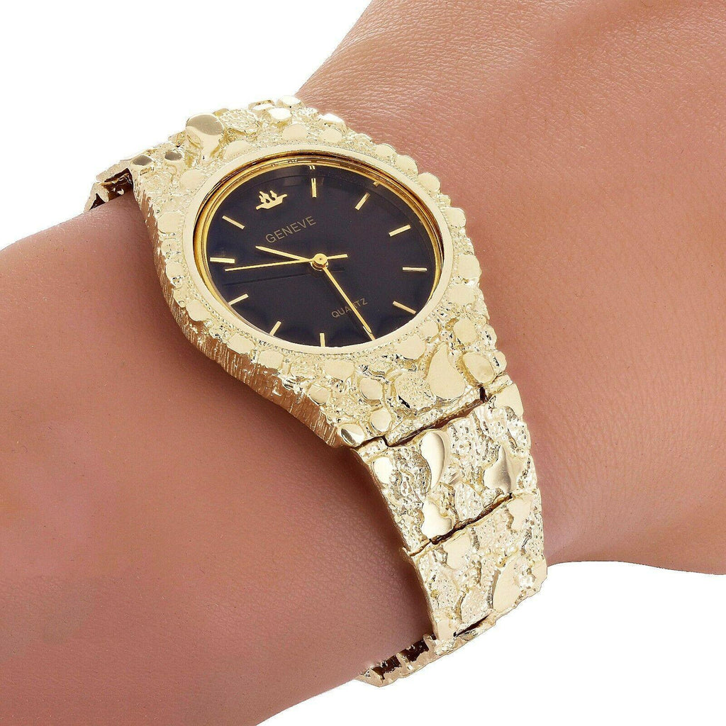 Men's Watch 10k Yellow Gold Nugget Link Band Geneve Wrist 7-7.5 47 grams - Jewelry Store by Erik Rayo