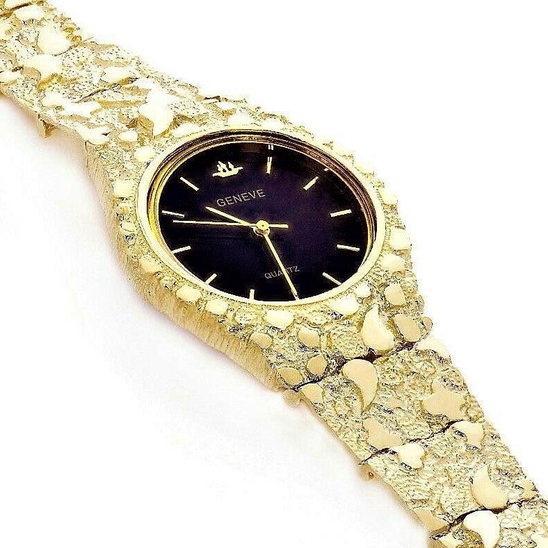 Men's Watch 10k Yellow Gold Nugget Link Band Geneve Wrist 7-7.5 47 grams - Jewelry Store by Erik Rayo