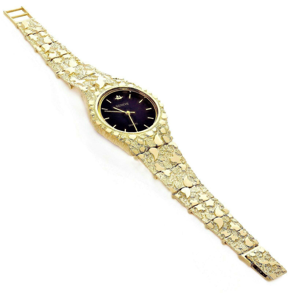 Men's Watch 10k Yellow Gold Nugget Link Band Geneve Wrist 7-7.5 47 grams - Jewelry Store by Erik Rayo