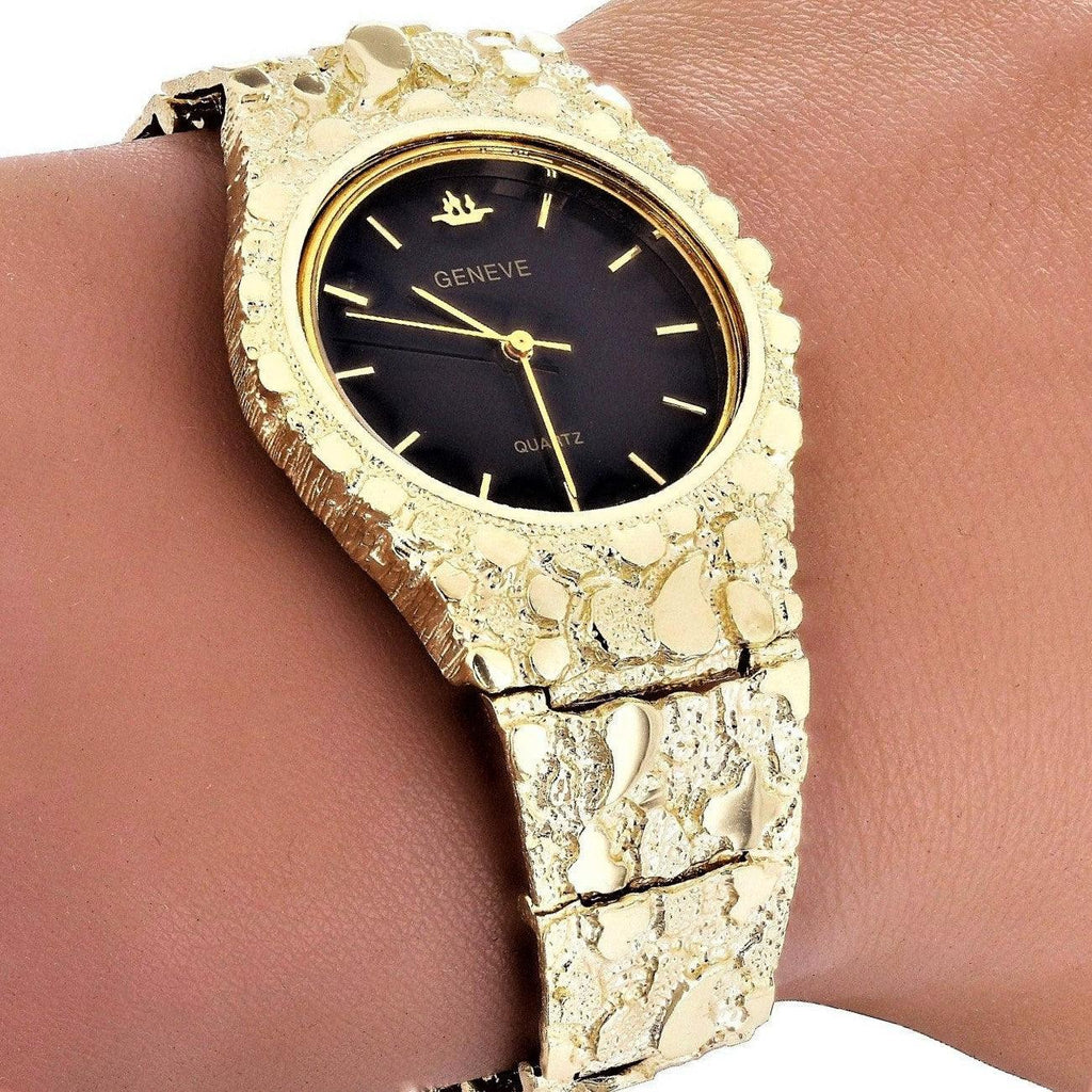 Men's Watch 10k Yellow Gold Nugget Link Band Geneve Wrist 7-7.5 47 grams - Jewelry Store by Erik Rayo
