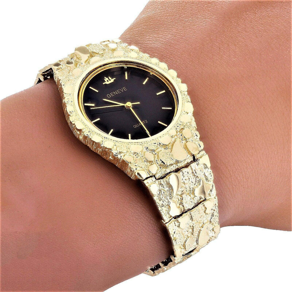 Men's Watch 10k Yellow Gold Nugget Link Band Geneve Wrist 7-7.5 47 grams - Jewelry Store by Erik Rayo
