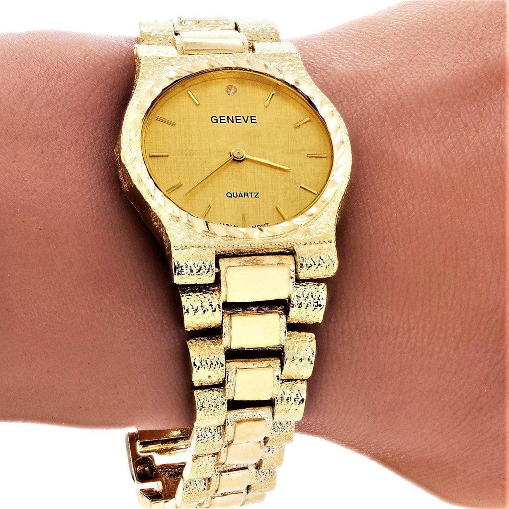 Men's Watch 10k Yellow Gold Watch Link Wrist Band with Geneve Diamond Watch 8.5-9 56.5 grams - Jewelry Store by Erik Rayo