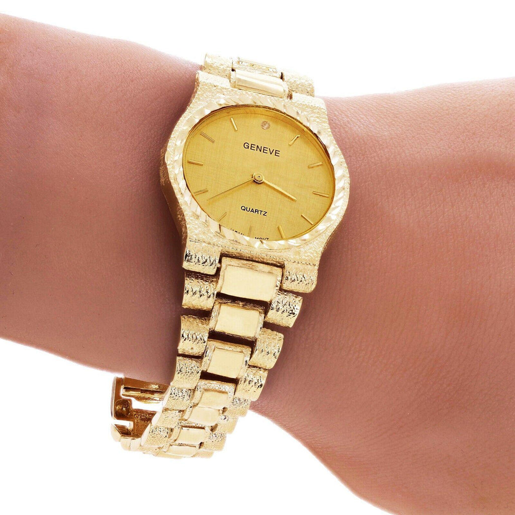 Men's Watch 10k Yellow Gold Watch Link Wrist Band with Geneve Diamond Watch 8.5-9 56.5 grams - Jewelry Store by Erik Rayo