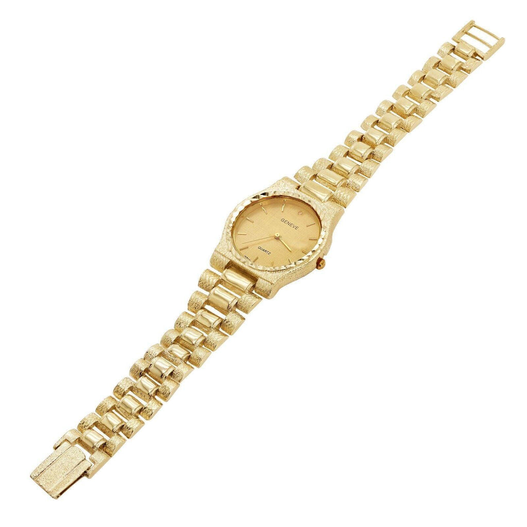 Men's Watch 10k Yellow Gold Watch Link Wrist Band with Geneve Diamond Watch 8.5-9 56.5 grams - Jewelry Store by Erik Rayo