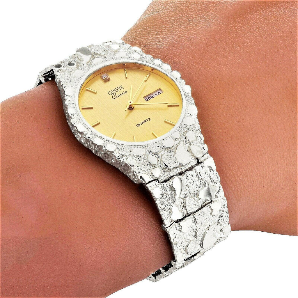 Men's Watch 925 Sterling Silver Nugget Wrist Watch Geneve Diamond Watch 9-9.5- 75 grams Straight Band - Jewelry Store by Erik Rayo