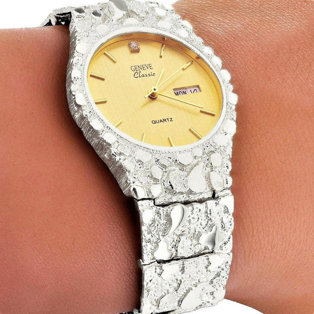 Men's Watch 925 Sterling Silver Nugget Wrist Watch Geneve Diamond Watch 9-9.5- 75 grams Straight Band - Jewelry Store by Erik Rayo