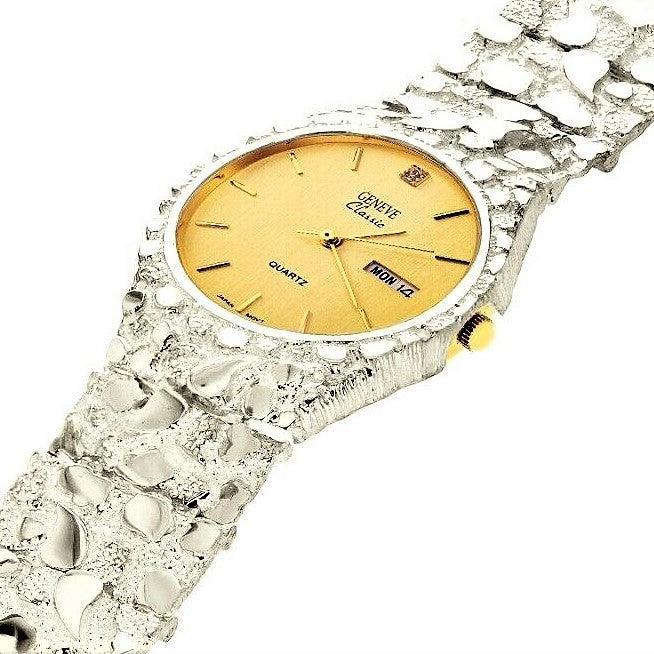 Men's Watch 925 Sterling Silver Nugget Wrist Watch Geneve Diamond Watch 9-9.5- 75 grams Straight Band - Jewelry Store by Erik Rayo