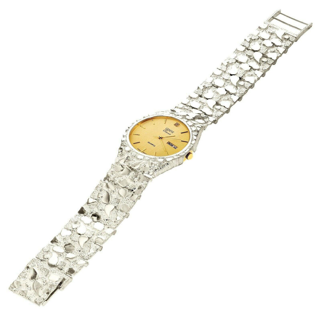 Men's Watch 925 Sterling Silver Nugget Wrist Watch Geneve Diamond Watch 9-9.5- 75 grams Straight Band - Jewelry Store by Erik Rayo