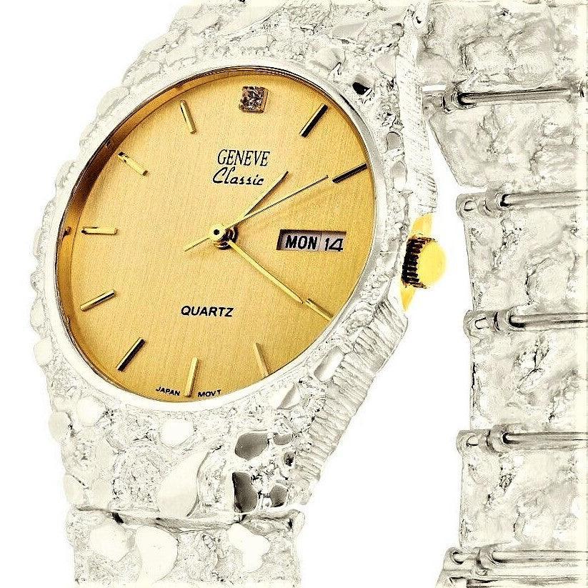Men's Watch 925 Sterling Silver Nugget Wrist Watch Geneve Diamond Watch 9-9.5- 75 grams Straight Band - Jewelry Store by Erik Rayo