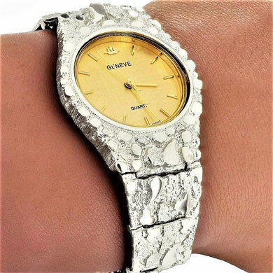 Men's Watch 925 Sterling Silver Nugget Wrist Watch with Geneve Watch 8.5 Graduated Band 52g - Jewelry Store by Erik Rayo