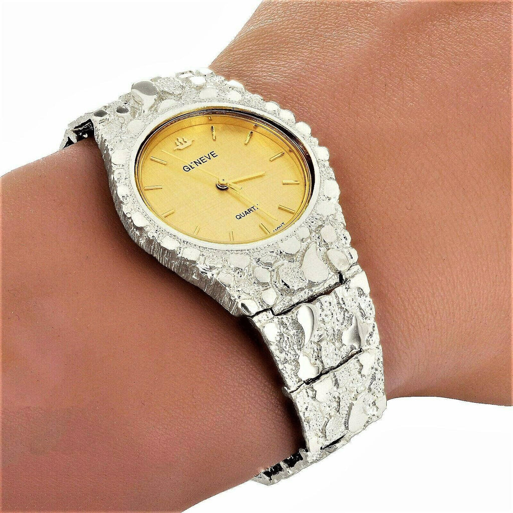 Men's Watch 925 Sterling Silver Nugget Wrist Watch with Geneve Watch 8.5 Graduated Band 52g - Jewelry Store by Erik Rayo