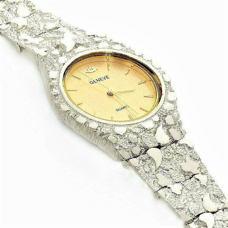 Men's Watch 925 Sterling Silver Nugget Wrist Watch with Geneve Watch 8.5 Graduated Band 52g - Jewelry Store by Erik Rayo