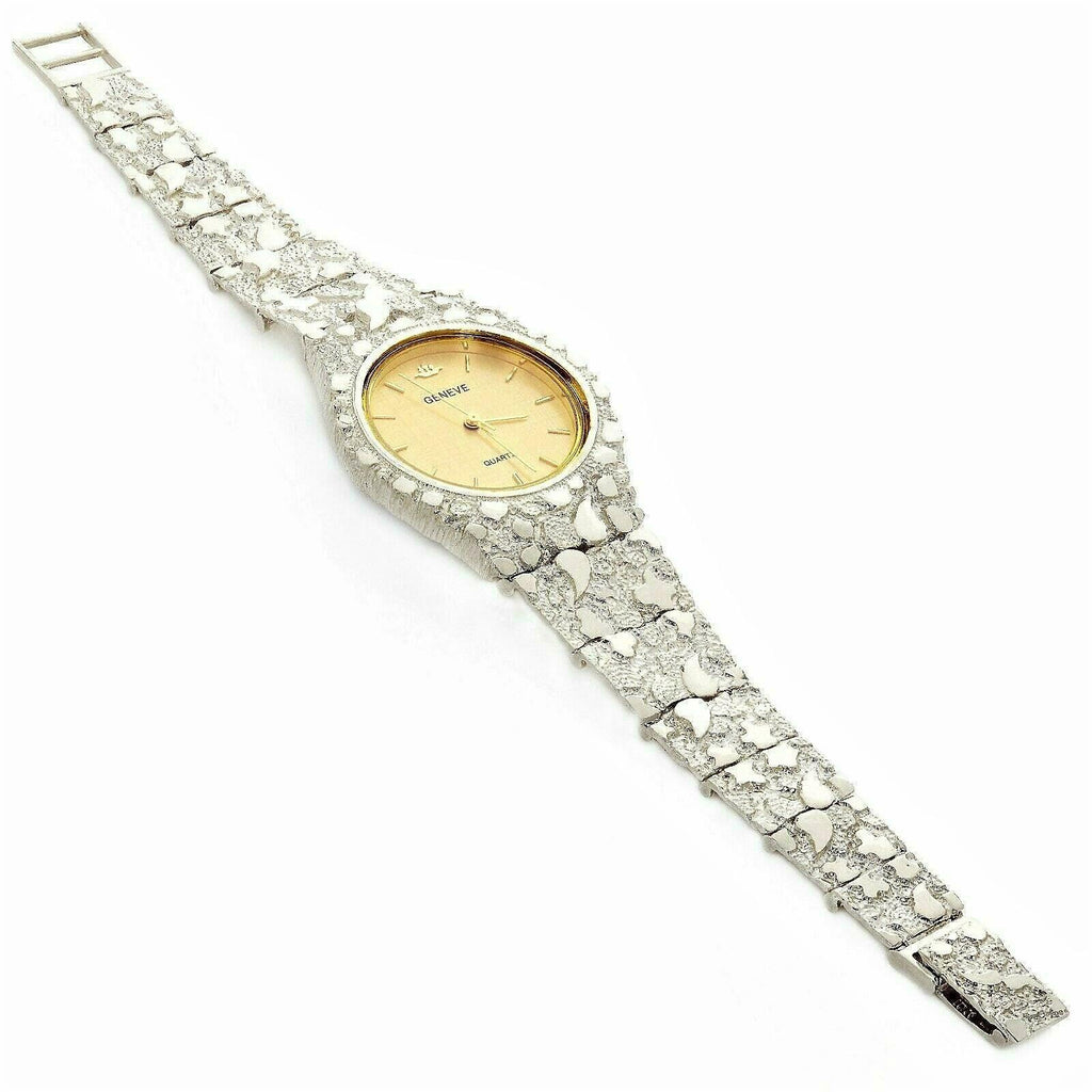 Men's Watch 925 Sterling Silver Nugget Wrist Watch with Geneve Watch 8.5 Graduated Band 52g - Jewelry Store by Erik Rayo