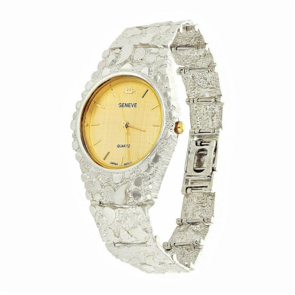 Men's Watch 925 Sterling Silver Nugget Wrist Watch with Geneve Watch 8.5 Graduated Band 52g - Jewelry Store by Erik Rayo
