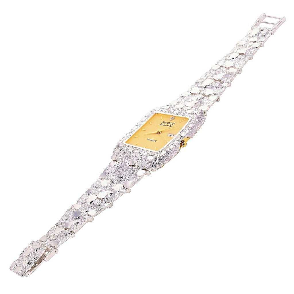 Mens 925 Sterling Silver Nugget Wrist Watch Geneve Real Natural Diamond Watch 7-7.5 44 grams Womens Unisex - Jewelry Store by Erik Rayo