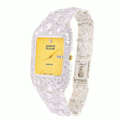 Mens 925 Sterling Silver Nugget Wrist Watch Geneve Real Natural Diamond Watch 8.5-9 53 grams Womens Unisex - Jewelry Store by Erik Rayo