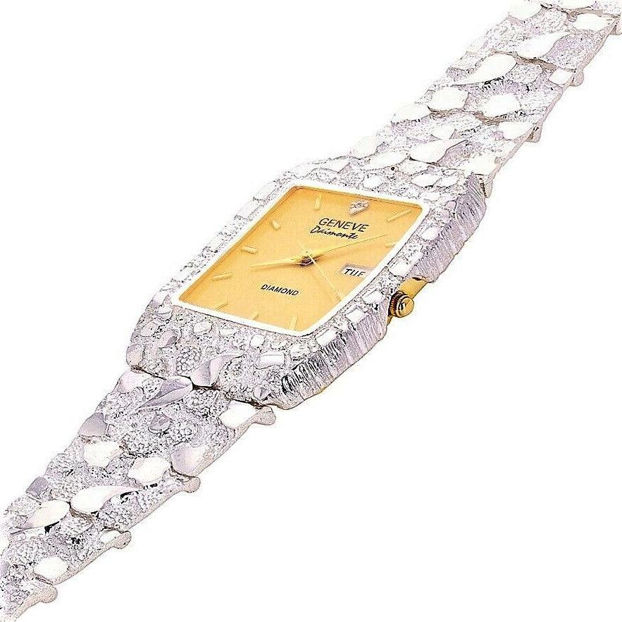 Mens 925 Sterling Silver Nugget Wrist Watch Geneve Real Natural Diamond Watch 8.5-9 53 grams Womens Unisex - Jewelry Store by Erik Rayo