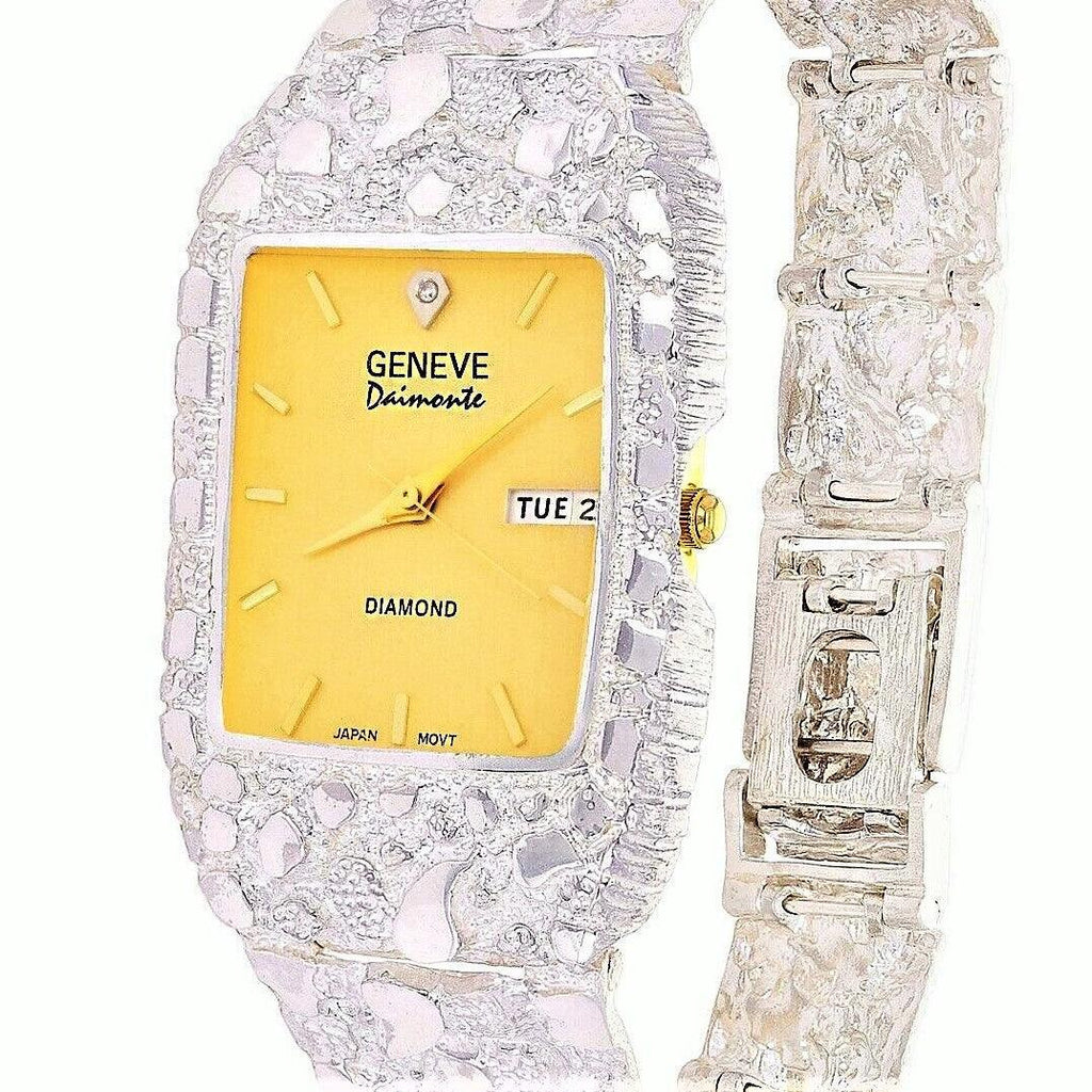 Mens 925 Sterling Silver Nugget Wrist Watch Geneve Real Natural Diamond Watch 8-8.5 50 grams - Jewelry Store by Erik Rayo