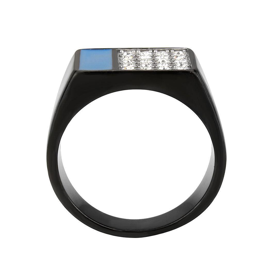 Mens Black Ring Rectangular Turquoise Stainless Steel Ring in Sea Blue with Diamonds - Jewelry Store by Erik Rayo