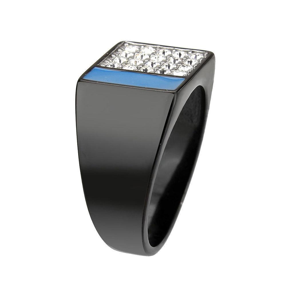 Mens Black Ring Rectangular Turquoise Stainless Steel Ring in Sea Blue with Diamonds - Jewelry Store by Erik Rayo
