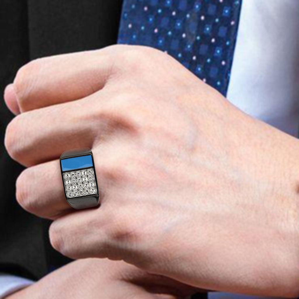 Mens Black Ring Rectangular Turquoise Stainless Steel Ring in Sea Blue with Diamonds - Jewelry Store by Erik Rayo