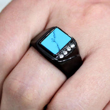 Load image into Gallery viewer, Mens Black Ring Rectangular Turquoise Stainless Steel Ring in Sea Blue with Side Diamonds - Jewelry Store by Erik Rayo
