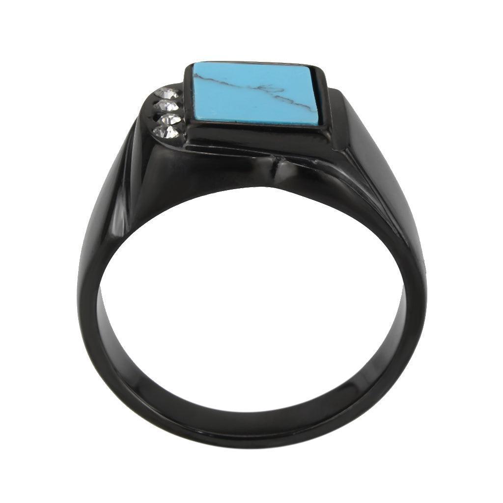 Mens Black Ring Rectangular Turquoise Stainless Steel Ring in Sea Blue with Side Diamonds - Jewelry Store by Erik Rayo