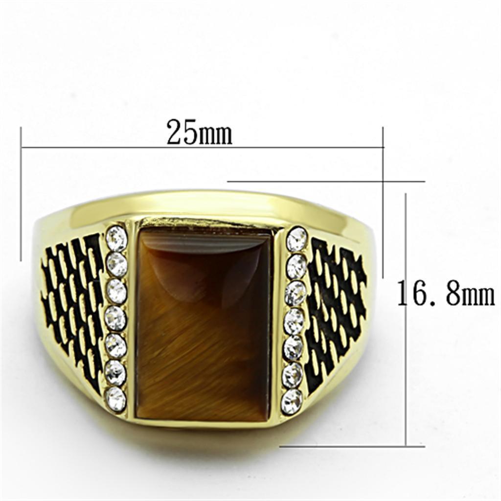 Mens Gold Ring 316L Stainless Steel Anillo Color Oro Para Hombre Ninos Acero Inoxidable with Synthetic Tiger Eye in Topaz Jescha - Jewelry Store by Erik Rayo