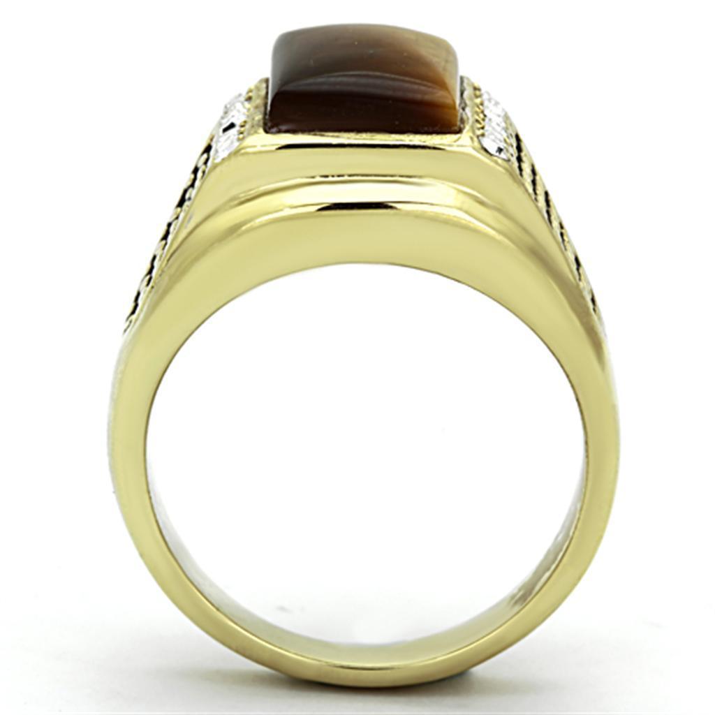 Mens Gold Ring 316L Stainless Steel Anillo Color Oro Para Hombre Ninos Acero Inoxidable with Synthetic Tiger Eye in Topaz Jescha - Jewelry Store by Erik Rayo