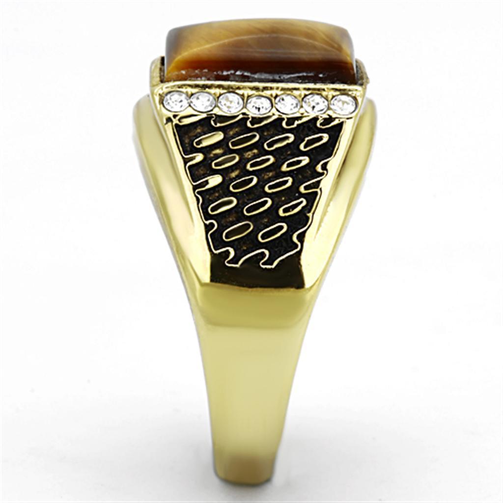 Mens Gold Ring 316L Stainless Steel Anillo Color Oro Para Hombre Ninos Acero Inoxidable with Synthetic Tiger Eye in Topaz Jescha - Jewelry Store by Erik Rayo