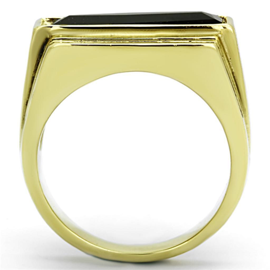 Mens Gold Ring Stainless Steel Anillo Color Oro Para Hombre Acero Inoxidable with Synthetic Synthetic Glass in Jet Jerusha - Jewelry Store by Erik Rayo