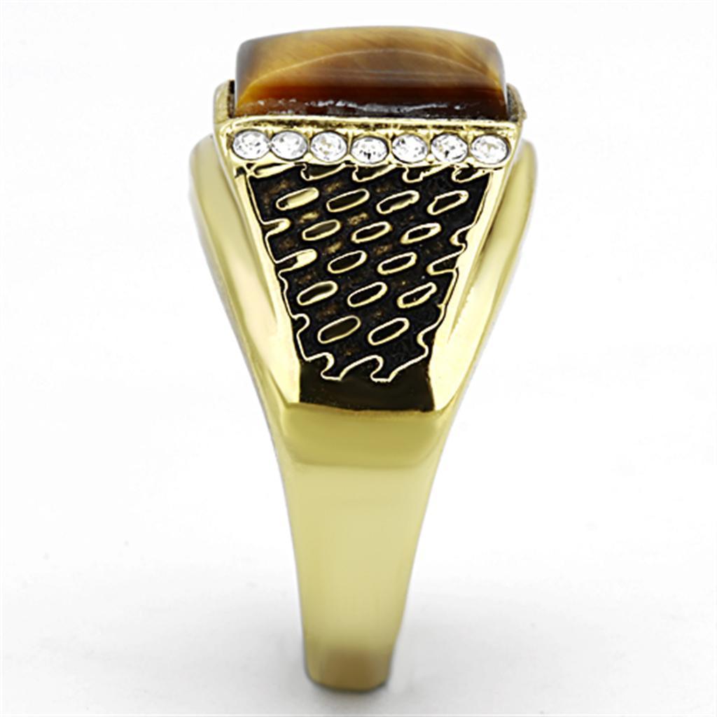 Mens Gold Ring Stainless Steel Anillo Color Oro Para Hombre Acero Inoxidable with Synthetic Tiger Eye in Topaz Jescha - Jewelry Store by Erik Rayo